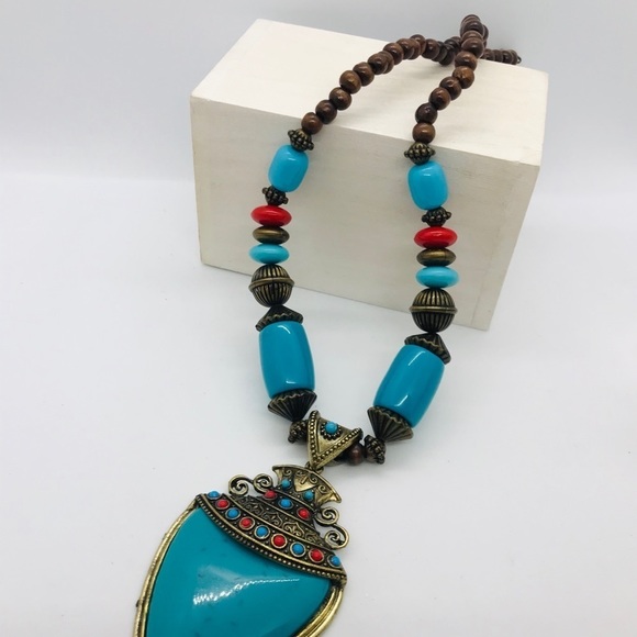 Summer Bohemian Statement Turquoise Wood Necklace - Picture 14 of 16